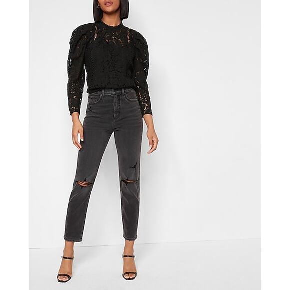 NEW Express Lace Puff Black Sleeve Top - Small - Picture 3 of 12